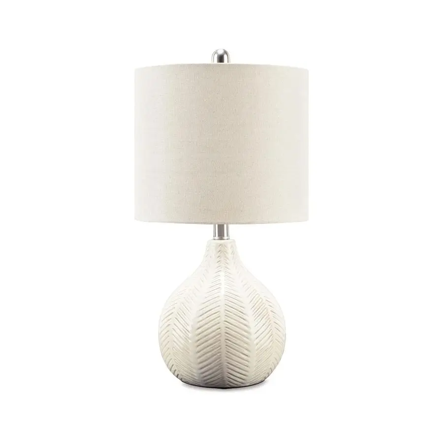 Design by Ashley Rainermen Casual Ceramic Table Lamp, Transparent White Glaze Finish, Drum Hardback Fabric Shade, 11 W x 11 D x