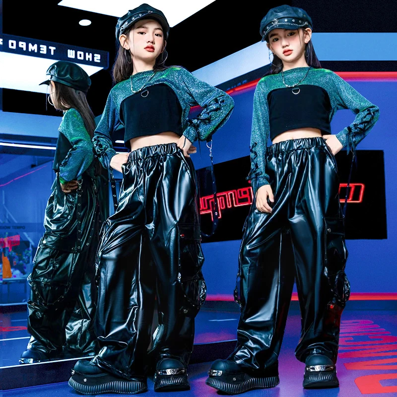 Fashion Kids Design Hip Hop Clothes for Girls Stylish Street Dance Costume Suit Crop Top And Leather Pants Set Child Jazz Outfit