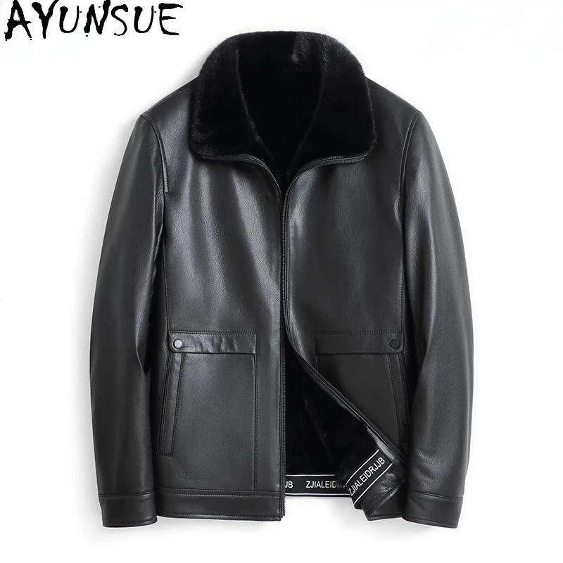 AYUNSUE 100% Natural Cow Leather Jackets Man Luxury 2025 Winter Mink Fur Lining Coat Men Genuine Leather Jacket Lapel Casacos