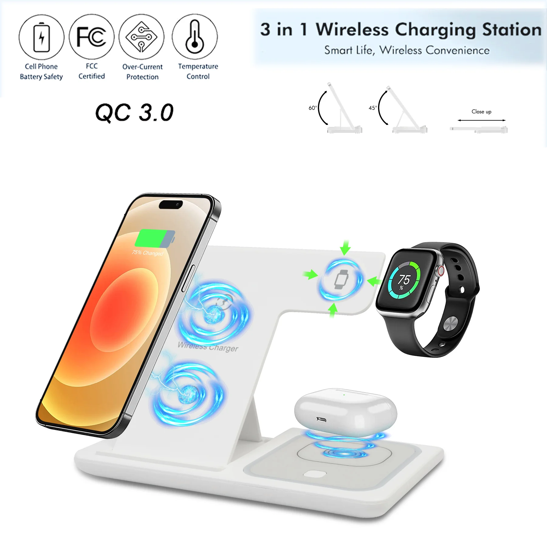 Wireless Charger Station 3 in 1 Magnetic Foldable 15W Fast Charging QC3.0 Multi-Device For iPhone 16 15 14 13 12 11 Apple Watch