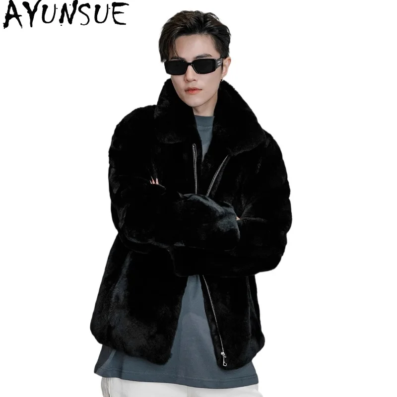 AYUNSUE Imported Rex Rabbit Fur Jacket for Men Casual Winter High-end Natural Fur Coat Man Clothing Black Fur Coats and Jackets