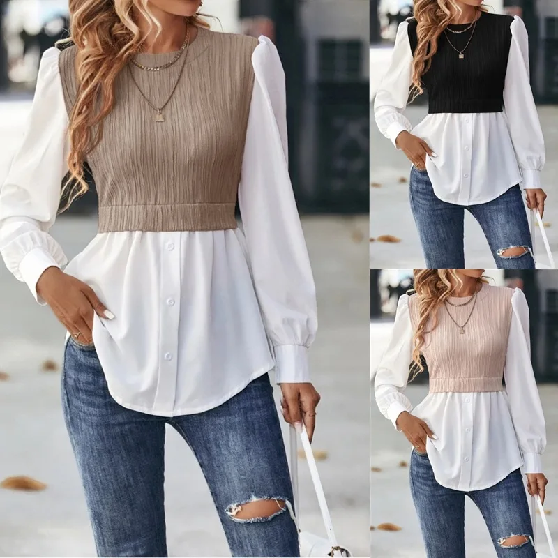 Women's New White Blouse Spring Autumn Casual O-neck Puff Sleeve Wave Strip Splicing Fashion Shirt Top Streetwear Women Clothing