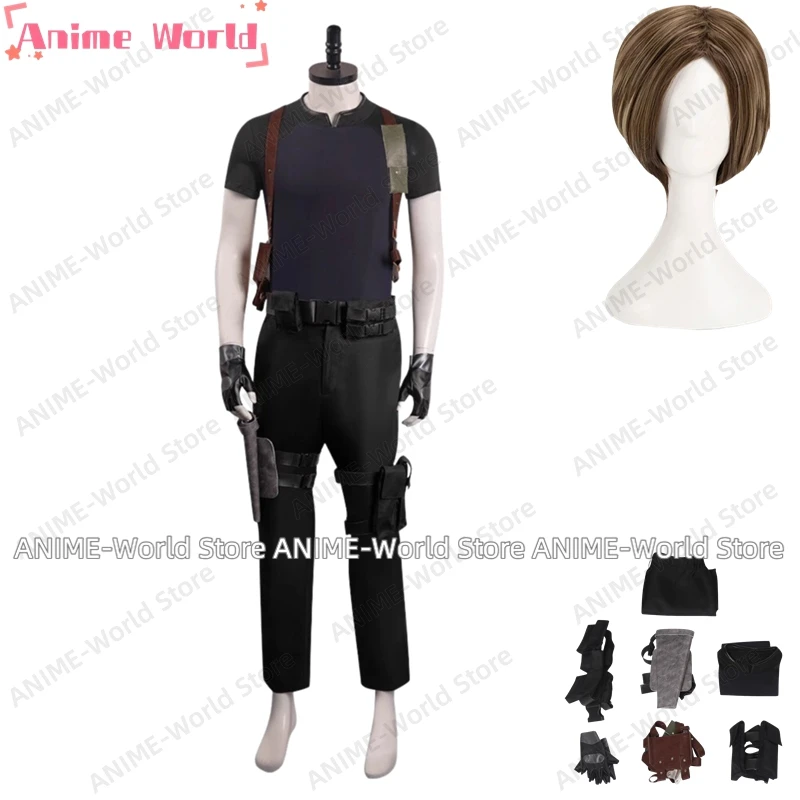 《Custom Size》Leon S. Kennedy Cosplay Wig Costume Jacket Coat Pants Men Male PU Leather Jacket Halloween Carnival Suit Wig