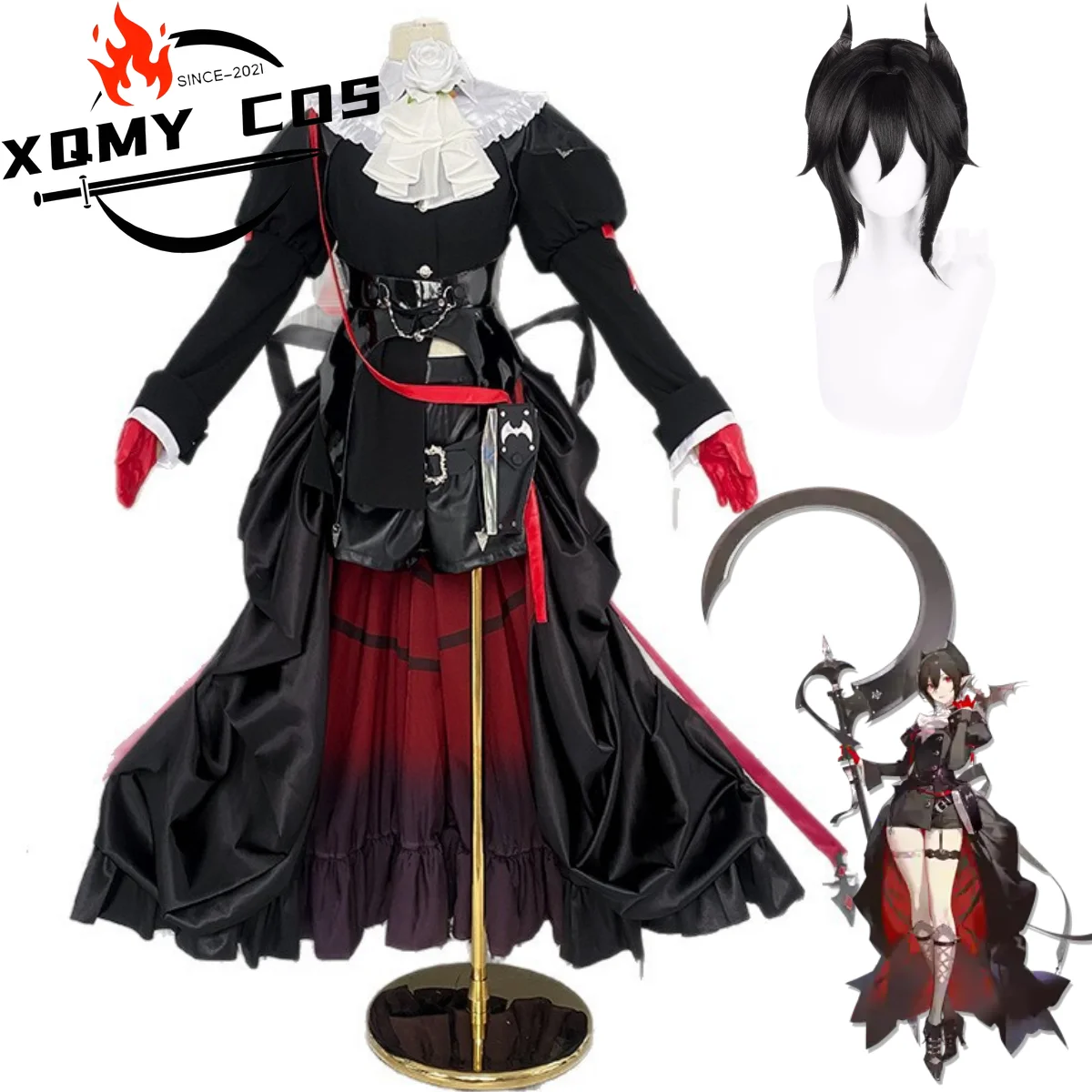 XqGame Arknights Entelechia Cosplay Costume Anime Black Evening Dress Long Skirt Wig Woman Sexy Carnival Birthday Party Suit