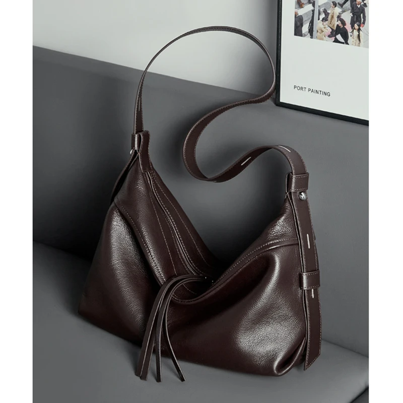 Hifashion Slouchy Hobo Genuine Leather Handbags For Women 2025 Luxury Designer Half Moon Shopper Ladies Shoulder Crossbody Bags