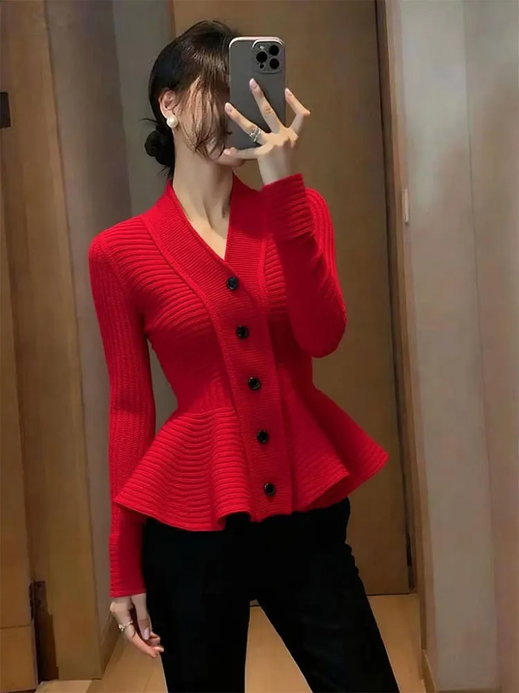 Vintage Red V-neck Ruffled Pullover Knit Top Elegant Luxury Slim-fit Sweater Blouse Women's Casual Base Layer Autumn Office Wear