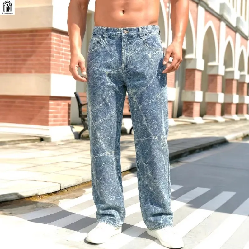Premium Acid Wash Denim Jeans for Men | High Quality Straight Leg Pants | Casual Street Fashion Trousers with Cracked Texture