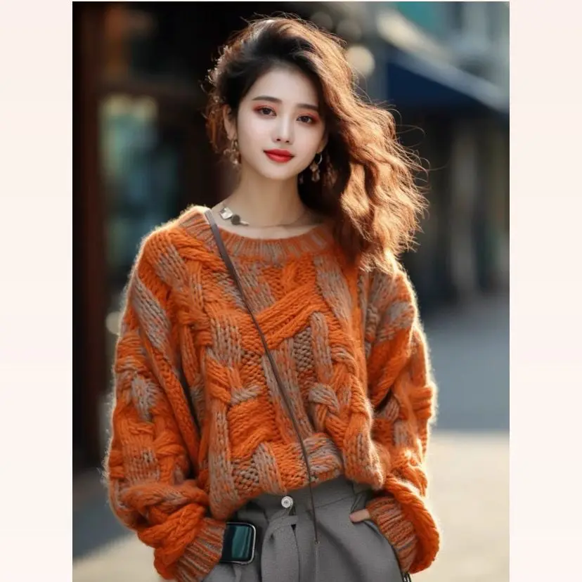 2025 New Women's Orange Chunky Knit Sweater Coat Luxury Euro-Chic Cable Oversized Cardigan Autumn Winter Premium Outerwear