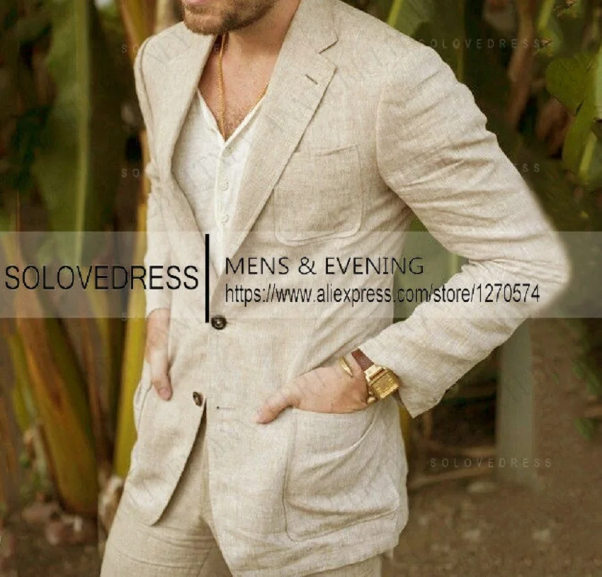Summer Linen Suit Men Casual Party Classic Blazer Pants 2 Pieces Holiday Travel Tailor-made Breathable Cool Male Outfits