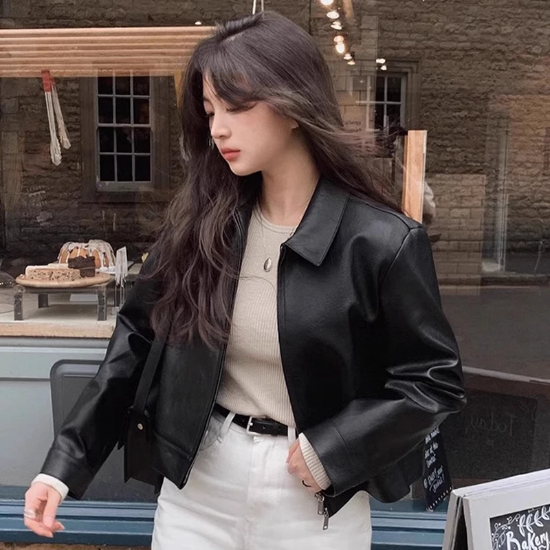 New Korean Chic Women Bomber Jackets Autumn Lapel Double Zipper Coats Versatile Long-sleeved PU Leather Jacket for Women