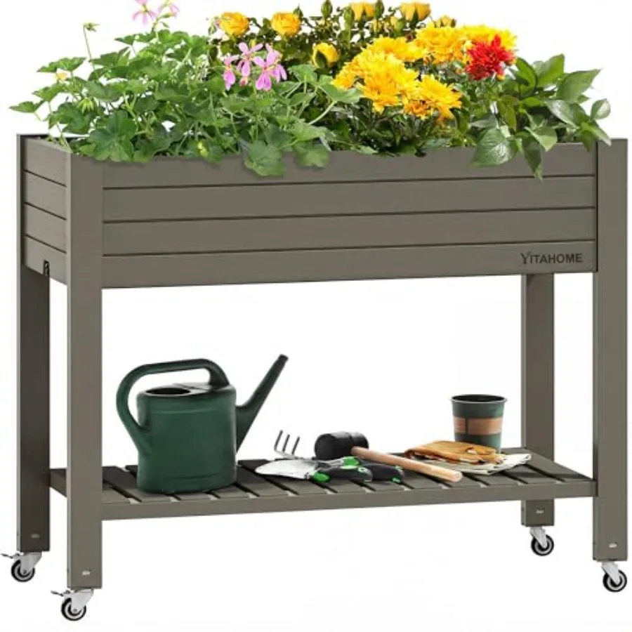 Outdoor Large Resin Planter Box Stand with Legs and Wheels 3.6x1.5x2.8 FT Elevated Garden Bed Kit with Drain Plug and Storage S
