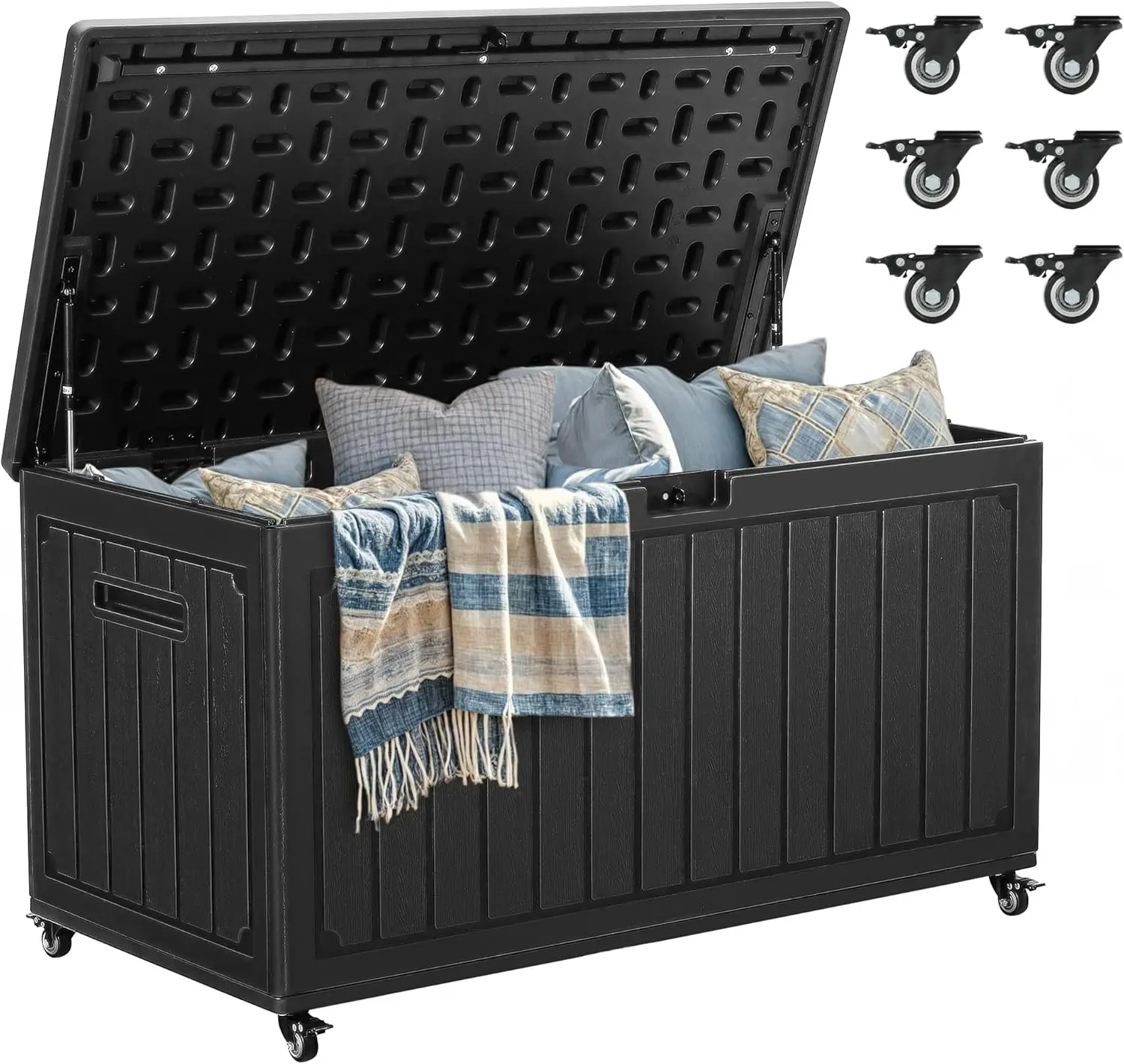 Large 90 Gallon Outdoor Storage Box with 6 Wheels, Waterproof Lockable Deck Box for Patio Furniture and Garden Tools, Black