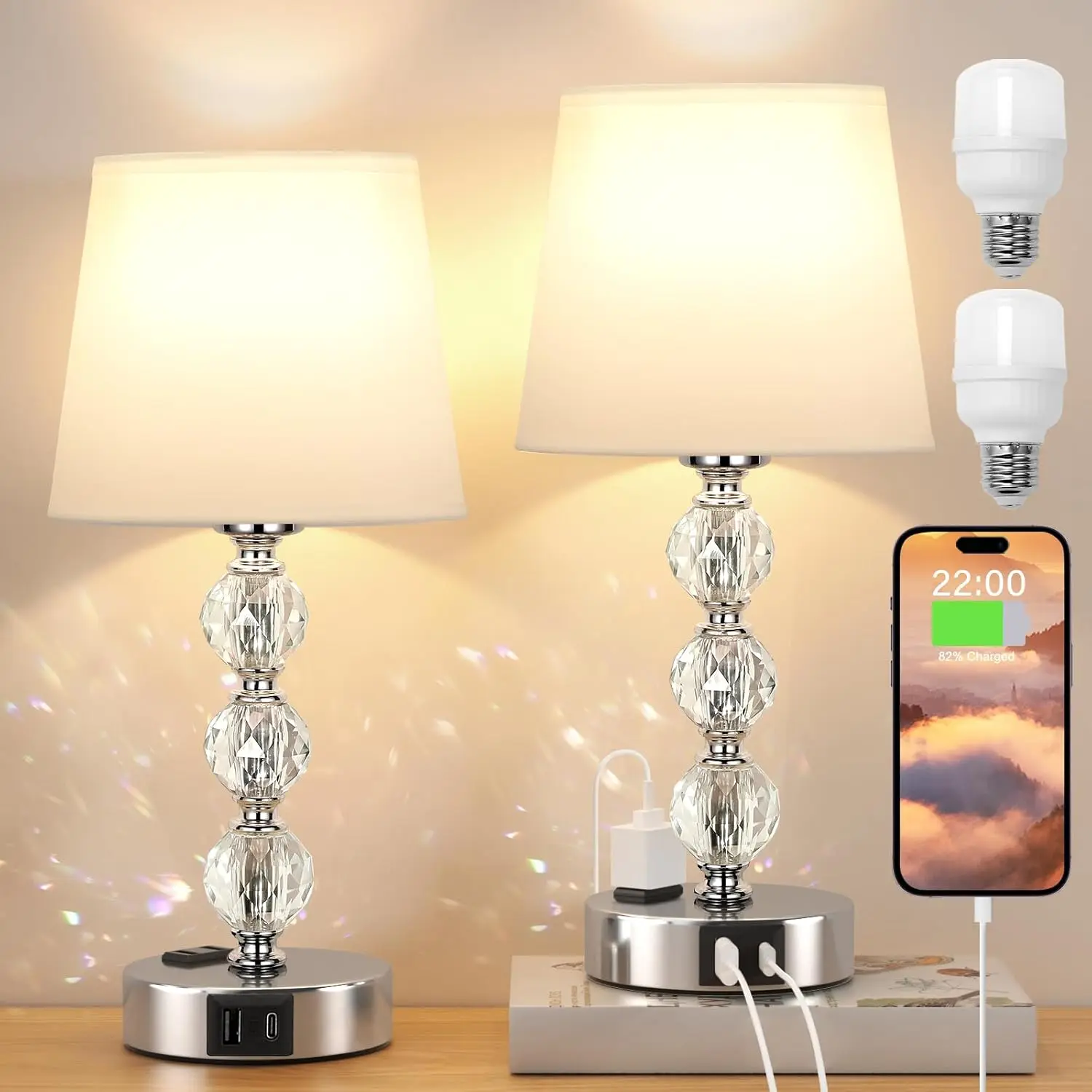 Crystal Table Lamp Set of 2 with USB Ports, Touch Control, Modern Design for Bedroom Living Room