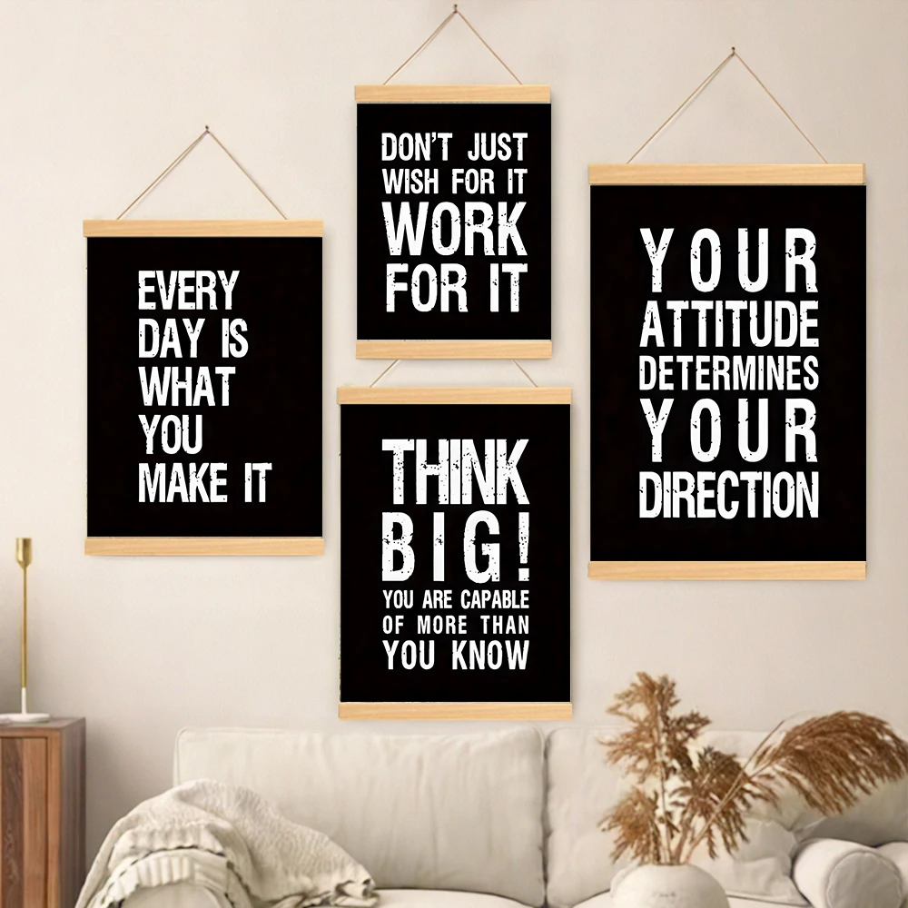 Wood Hanging Scroll Painting Inspirational Quote Wall Art Set Black & White Motivational Posters Bedroom, Gym - Positive Decor