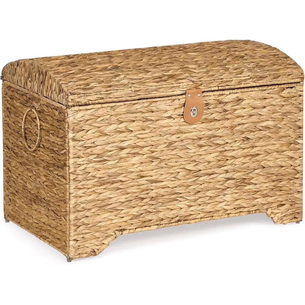 Handwoven Storage Basket with Lid, 178L Wicker Storage Bin, Natural Water Hyacinth, Leather Buckle & Metal Frame, Metal Ring Han
