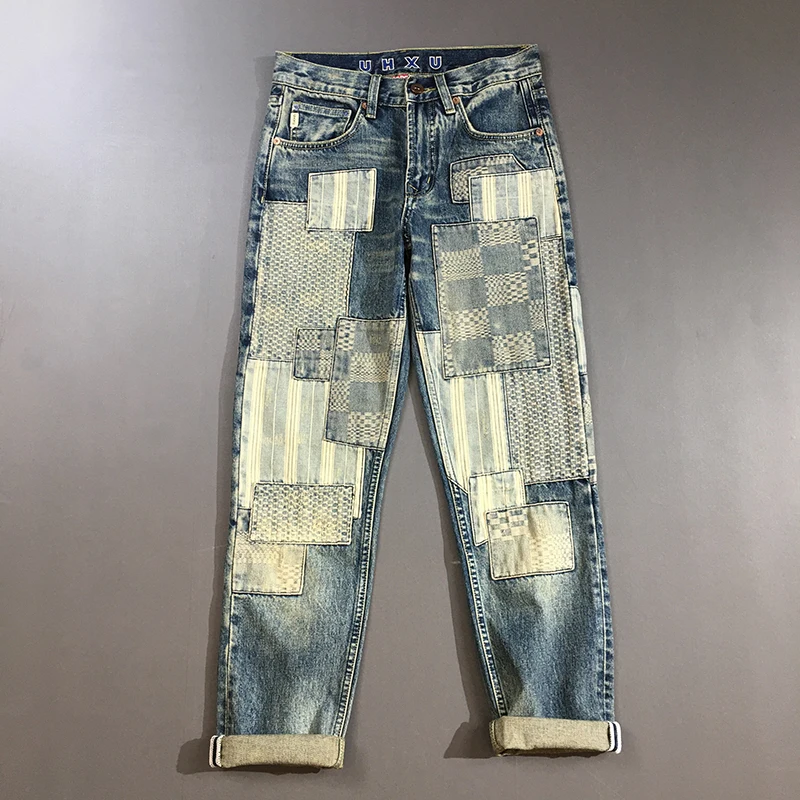 Premium Patchwork Men's Heavyweight Denim Jeans - Vintage American High Street Tailored Straight Leg & Cotton-Rich Comfort Pants