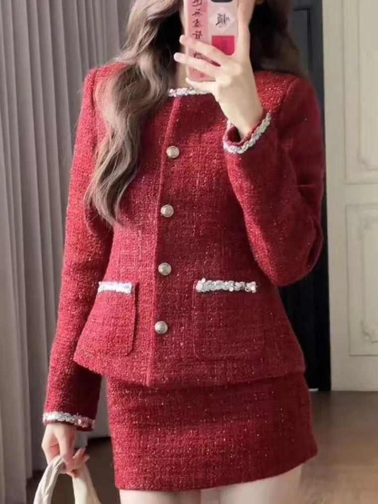 New Year Elegant Party Two Piece Set Women Red Tweed Suit Blazer + Mini Skirt Suit Lace Buttons Chic Fashion Set Events 2025 New