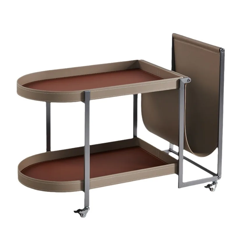 Light luxury saddle leather sofa edge table, movable shelf on living room balcony, design cart small apartment coffee table