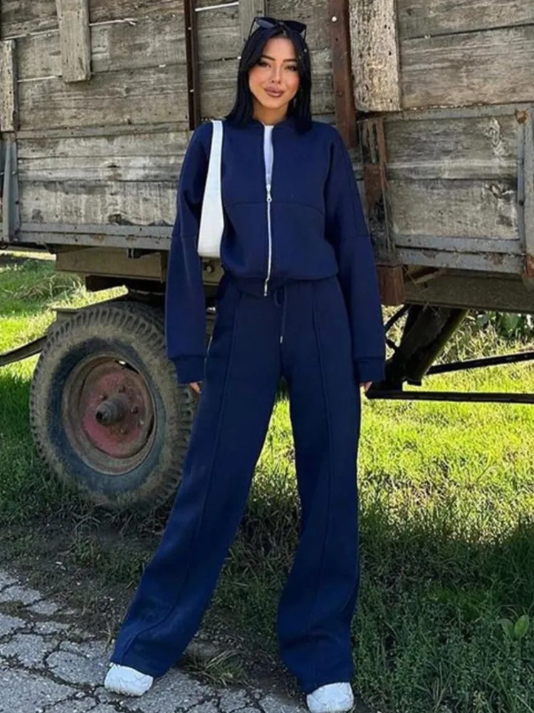 Women Sweatsuit Set Vintage O-neck Zipper Bomber Jackets High Waist Loose Pants Suit Female Spring New Fashion Lady Sportswear