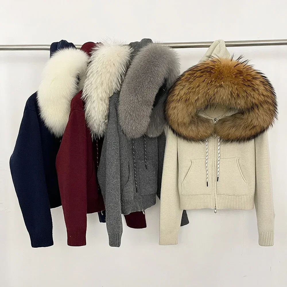 Natural Fur Coat Long Sleeve Tops Cardigan for Women Knit Hoodie with Large Real Fox Fur Jacket Knit Cardigan Zipper Pockets