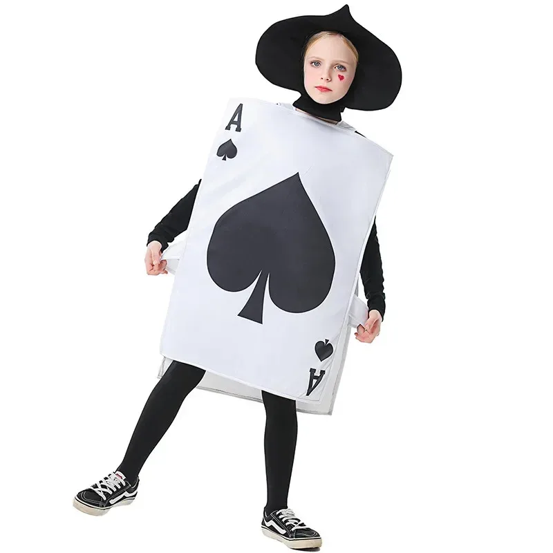♥♥ 2026 Kid Poker Spade Black A Costume Halloween Child Outfit Purim Boy Girl A Vest Hat Set Alice in Wonderland Cosplay Fan ☆★