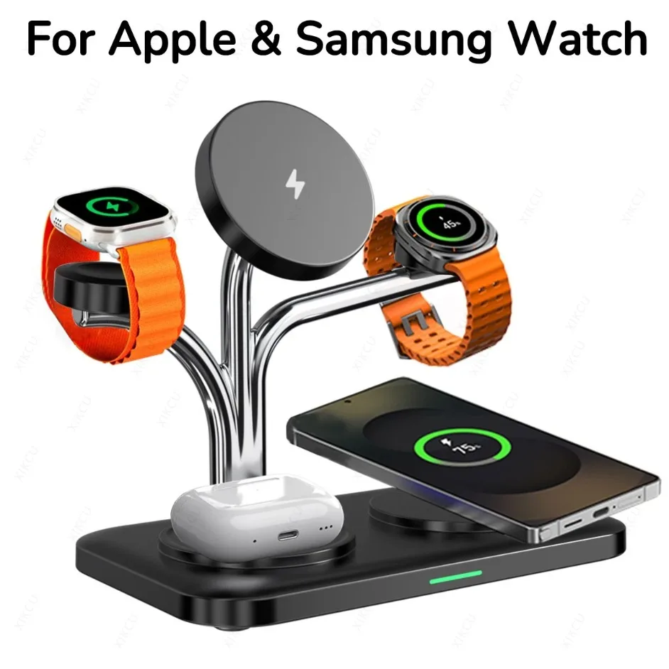 5 IN 1 15W Dual Phone Watch Magnetic Wireless Charger Fast Charging For iPhone 17~12 Samsung Apple/Galaxy Watch Aipods Pro/Buds
