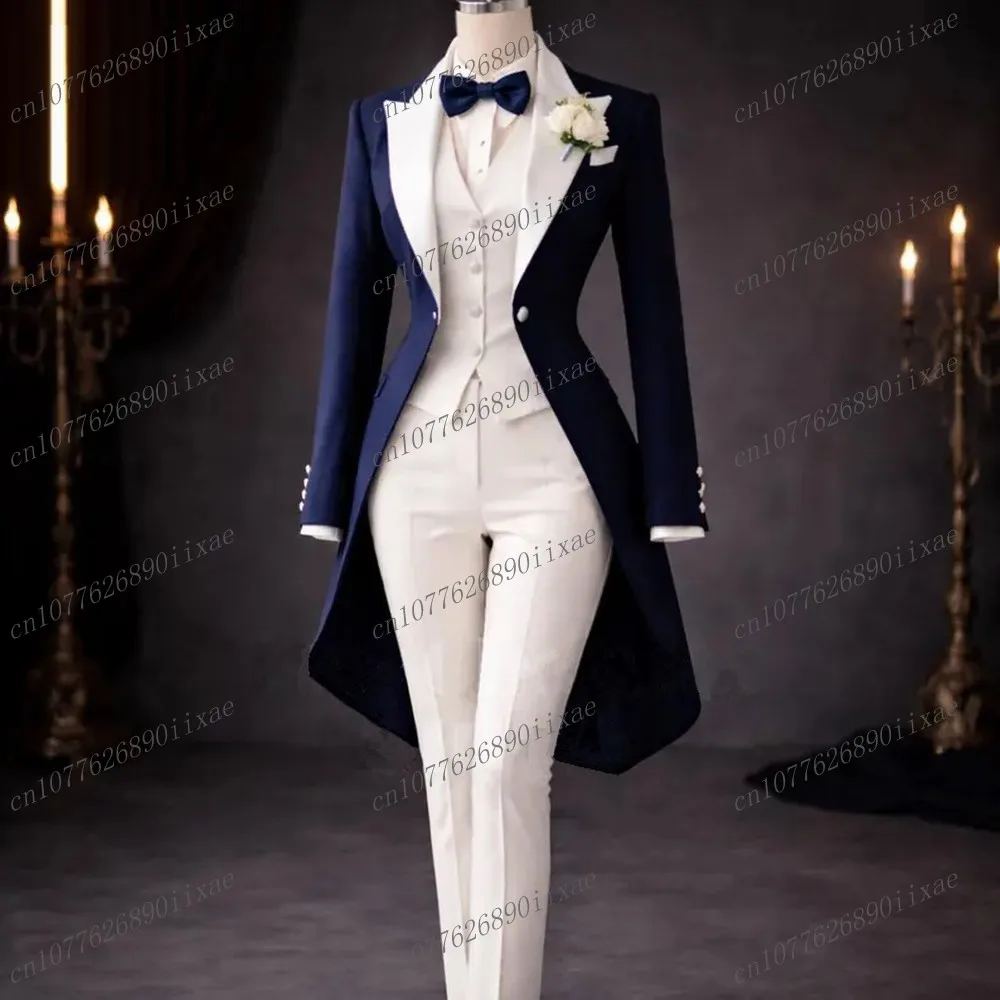 Navy Blue Long Blazer White Women Suits Lady Business Tuxedos Mother Wedding Party Formal Ladies 3 Piece Set Jacket Vest Pants