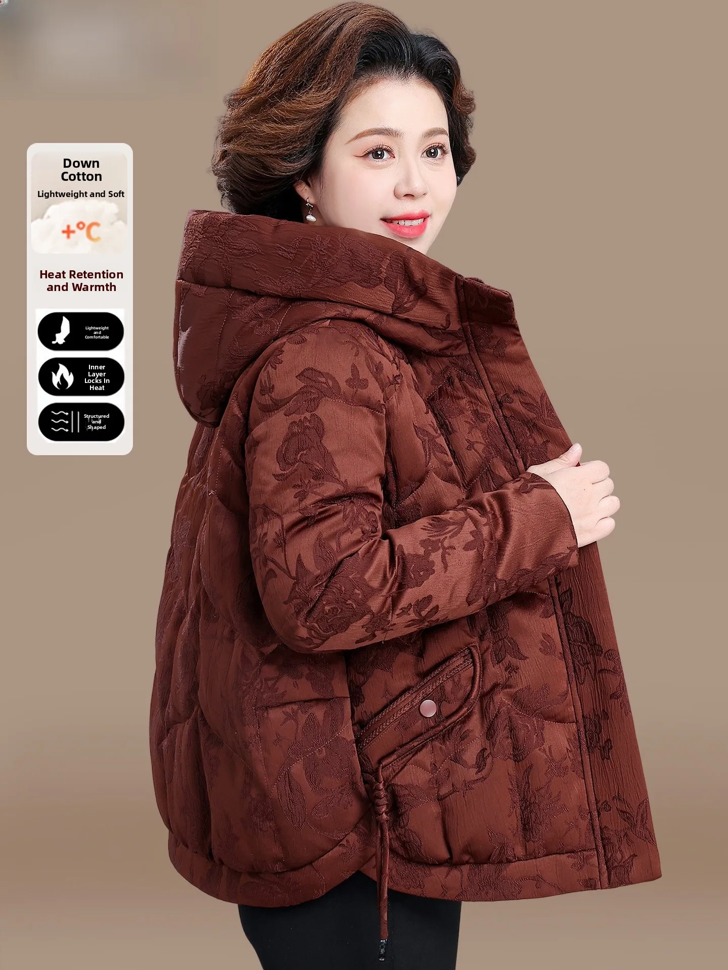 Thiened down Cotton Jaet for Women over 50 Winter Warm Coat Stand Loose Fit Zipper Closure Hooded Plant Floral Pattern