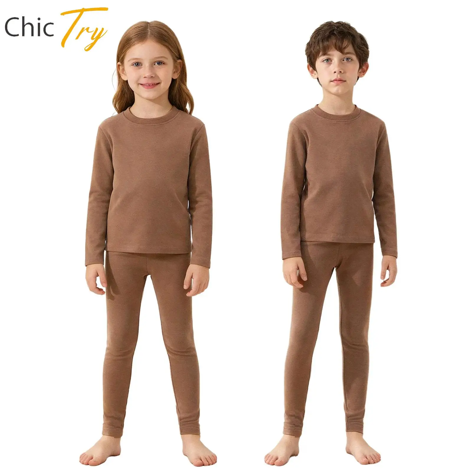 Kids Girls Boys 2-Piece Thermal Underwear Set Sleepwear Autumn Outfit Round Neck Long Sleeve Top+Leggings Set for Casual Outdoor