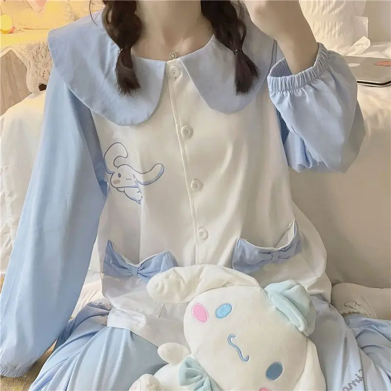 Sanrios Anime Cinnamoroll Pajamas Set Kawaii Girls Cute Japanese Cardigan Loose Long Sleeve Home Clothes Spring Autumn Sleepwear
