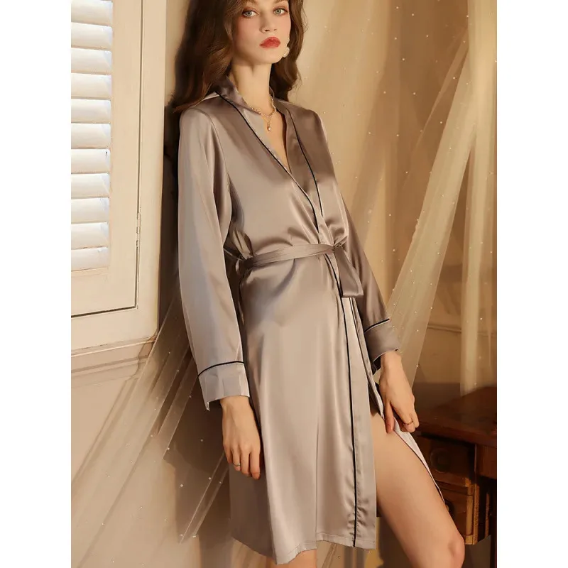 High Quality 19mmi Women Pajamas Clothing Sexy Ladies Robe Soild Silk Like Satin Womens Sleepwear Luxury Long Sleeve Nightwearx;