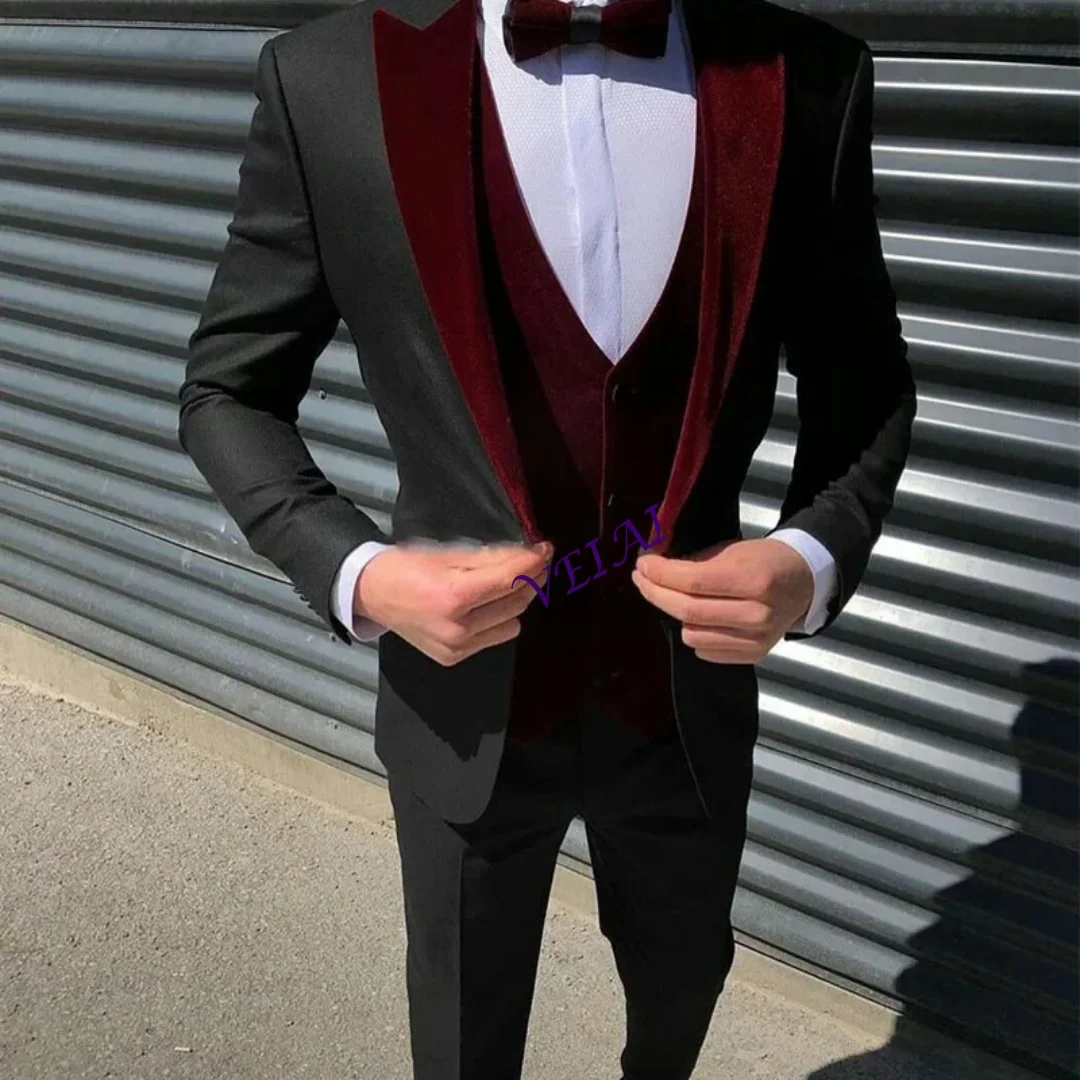 CustomizedSlim Fit Men Suits With Black Pants 3 Piece Burgundy Velvet Wedding Tuxedo Tailor Made Groom Male Fashion Jacket Vest