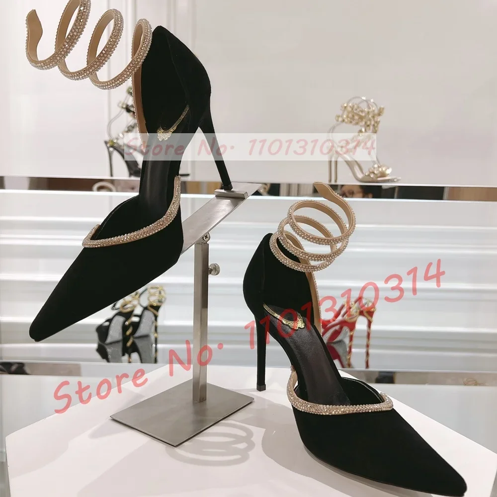 Gold Crystal Snake Wrap Velvet Pumps Ladies Trendy Elegant Black Pointed Toe Real Leather Sandals High Heels Evening Dress Shoes