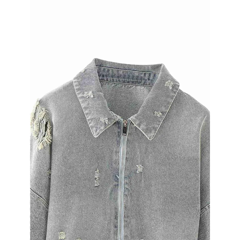 ABRT-Women Frayed Batwing Sleeve Denim Jacket With Turn-Down Collar - Thick Cotton Outerwear For Autumn Winter