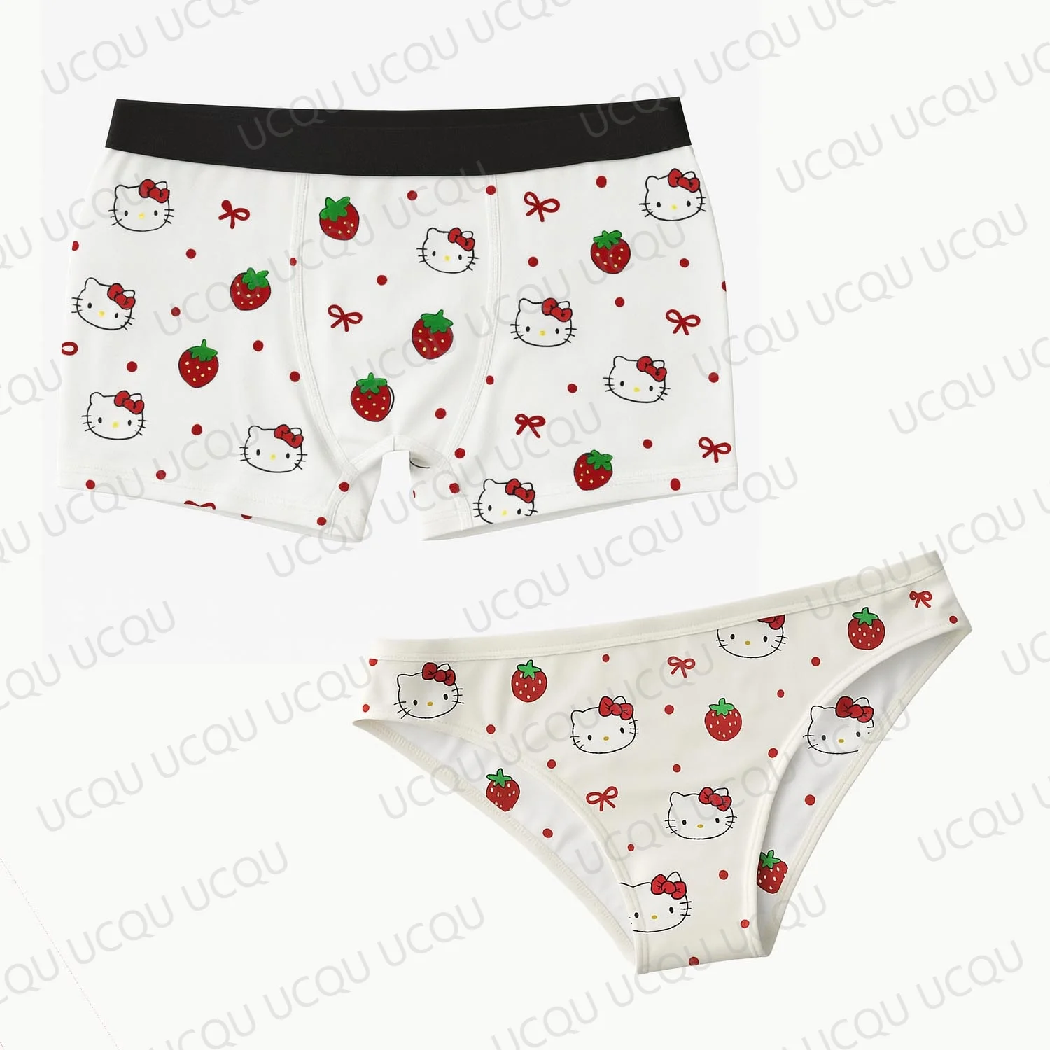 2025 Hello Kitty Kawaii Strawberry Print Two Piece Set Couple Underwear Boxer Women Panty Matching Outfits Cute Christmas Gift