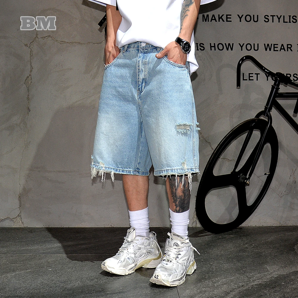 Summer Streetwear Ripped Denim Shorts Men Washed 5 Inch Loose Fit Straight Leg Hip Hop Jeans Male Korean Premium Quality Trendy