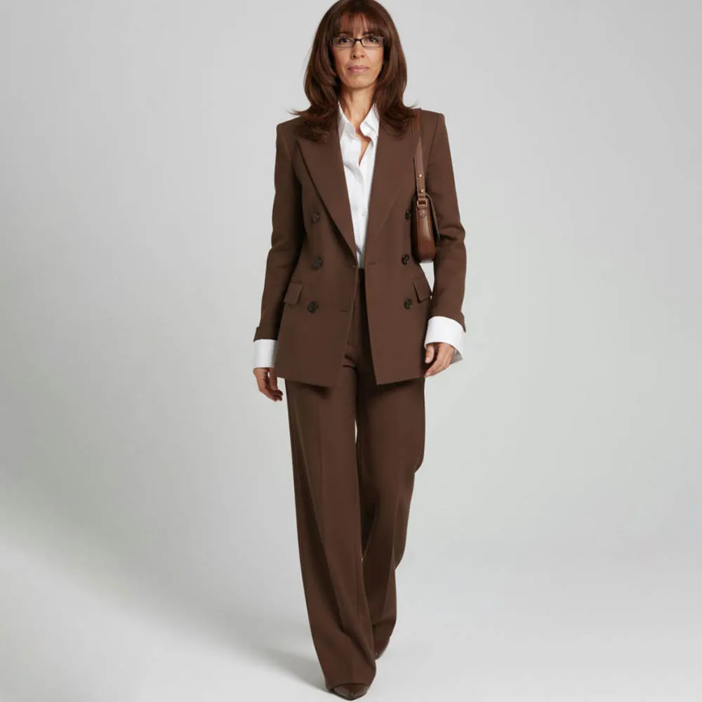 Tailor-Made Brown Women's Suits Fashion Double Breasted Peak Lapel Slim Fit Outfits Fashion Office 2 Piece Jacket Pants Blazer