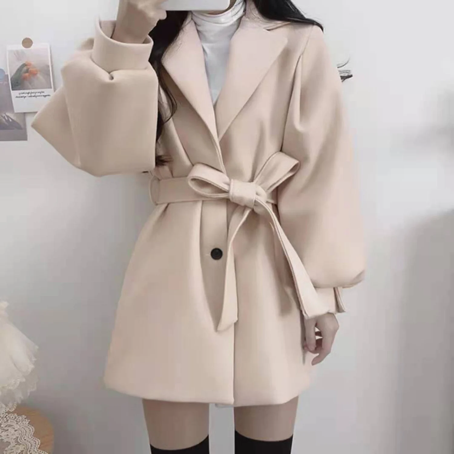 Allingentle Ivory Women's Blazer Woolen Fashion Jacket Street Coat with Belt for Cocktail Party Daily Outfits Customize