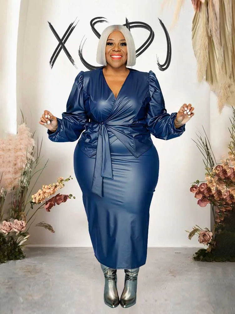 Winter Blazer and Skirt Set 3xl 4xl Plus Size Lady 2 Piece Sets Womens Outfits Elegant Stretchy Pu Leather Skinny Matching Sets