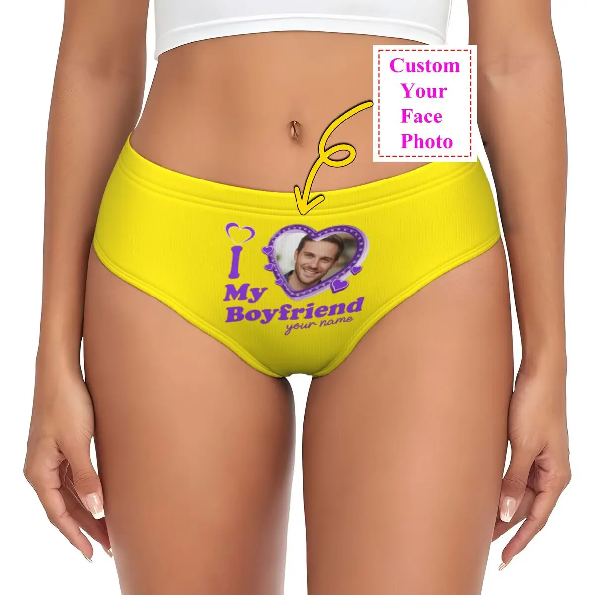 I Love My Boyfriend Brief Panties Women Breathable Stretch Personalized Custom Face Photo Underwear Valentine's Day Underpants