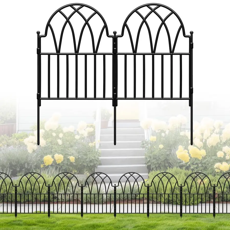 Pack Decorative Garden Fence Panels 20.07 Ft Black Arched Metal Landscape Border Edging with Floral Design,NoDig Rustproof Wire