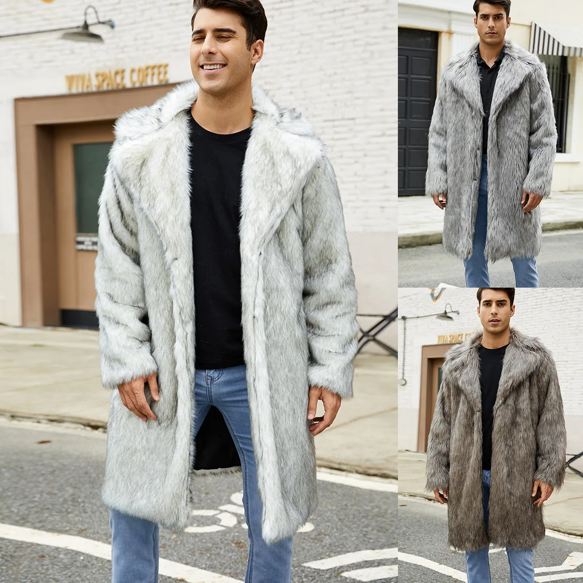 Men Long Faux Fur Coat Jacket Thick Warm Coats Turn Down Collar Full Sleeve Splice Coats Cardigan Male Streetwear Winter Autumn