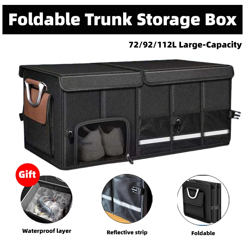 Foldable Trunk Storage Box for Camping/Fishing 72/92/112L Large-Capacity Car Organiser Waterproof Oxford Cloth Easy to Carry