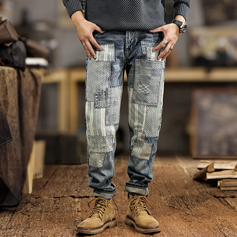 Premium Patchwork Men's Heavyweight Denim Jeans Vintage American High Street Tailored Straight Leg Cotton-Rich Comfort Pants