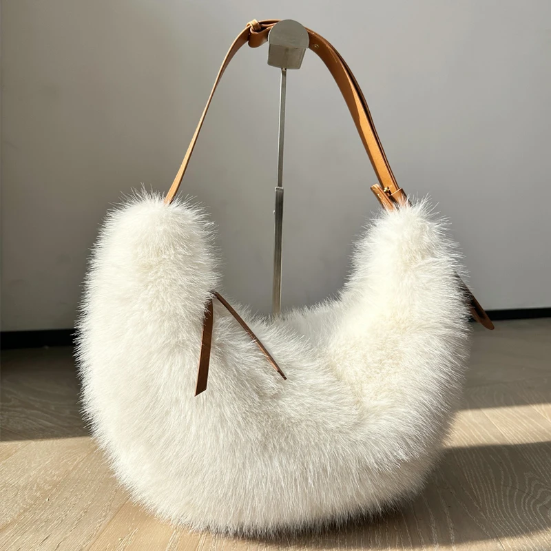 Fashion Faux Fur Half Moon Bags For Women Luxury Designer Handbag Purse 2026 New In Imitation Rabbit Fur Underarm Plush Shoulder