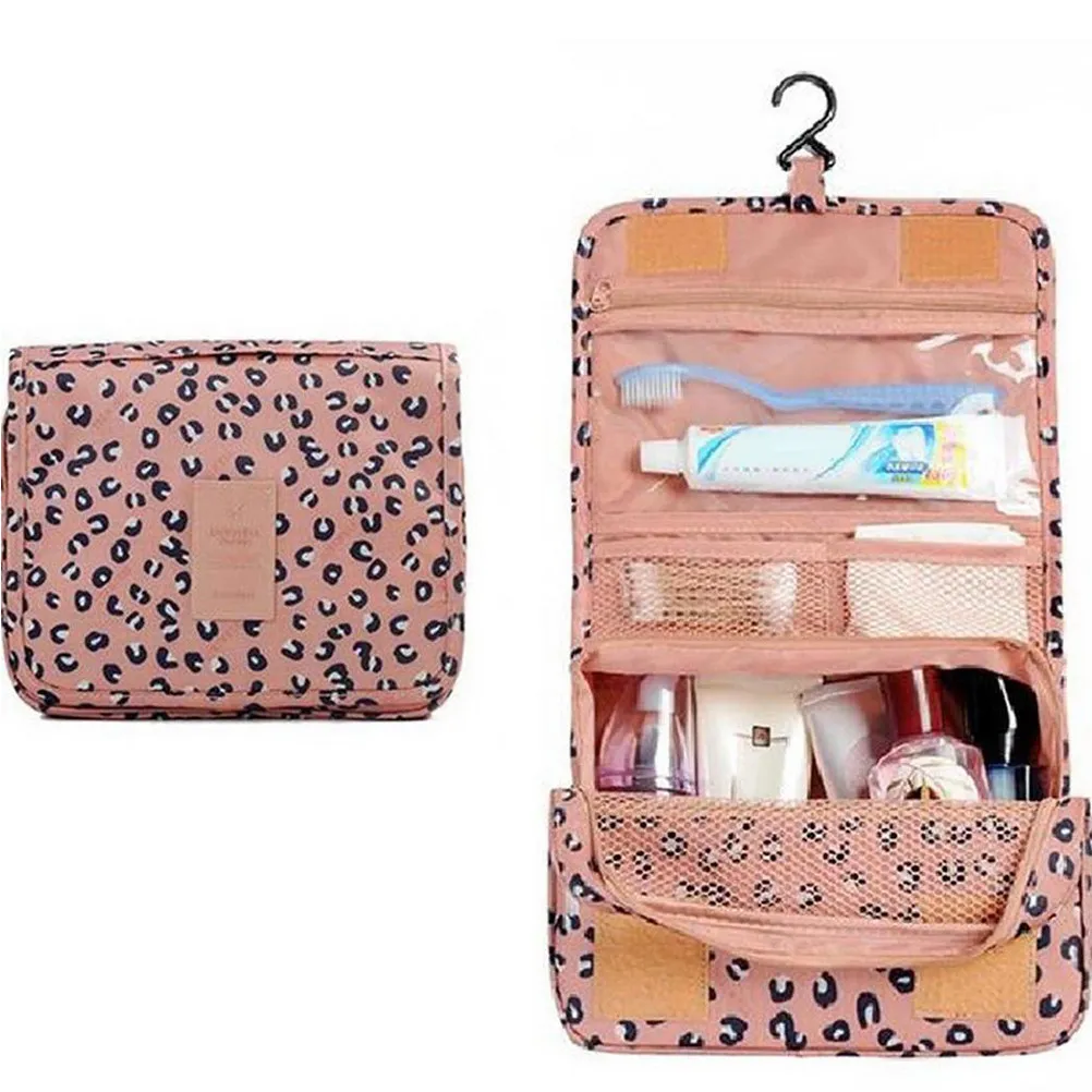 Hanging Travel Storage Bag for Cosmetics Brushes Organizers Portable Foldable Makeup Pouch with Hooks Navy Polka Dot Design