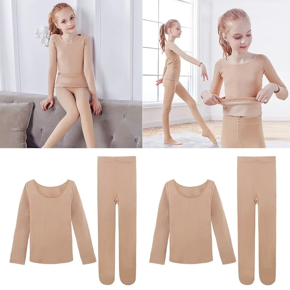 Fashion Winter Kids Thermal Underwear Suits Nude Color Stretch Dance Tights Warm Fleece Ballet Underwear Set