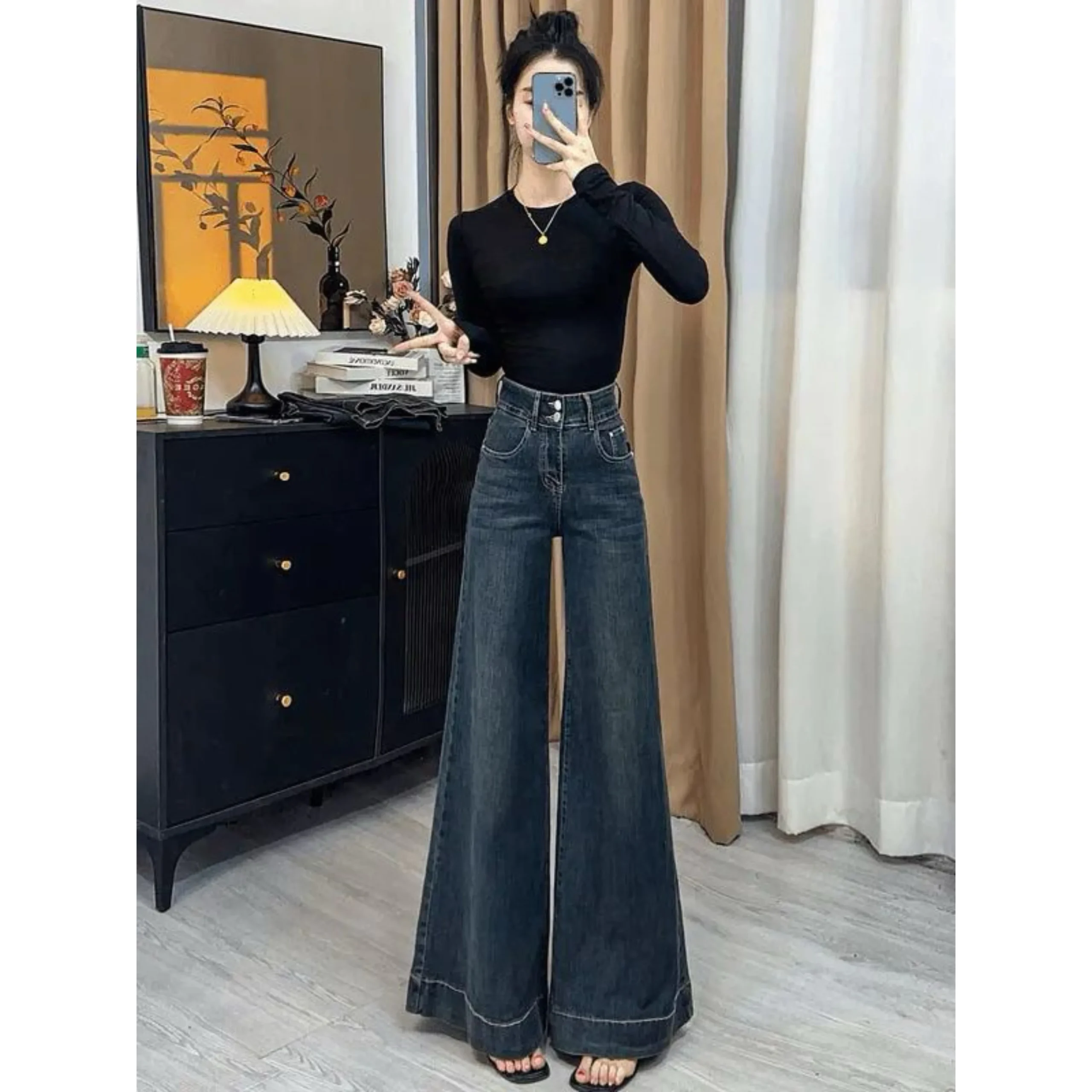 Elegant Chic Korean Vintage Premium Loose Jeans Women Autumn High Waist Slim Fit Straight Flared Floor Length Denim Pants