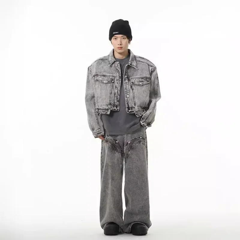 Men's Vintage Premium Grey Denim Suit Hoppy Shuai Fried Street High Street Casual Jacket Wide Leg Jeans