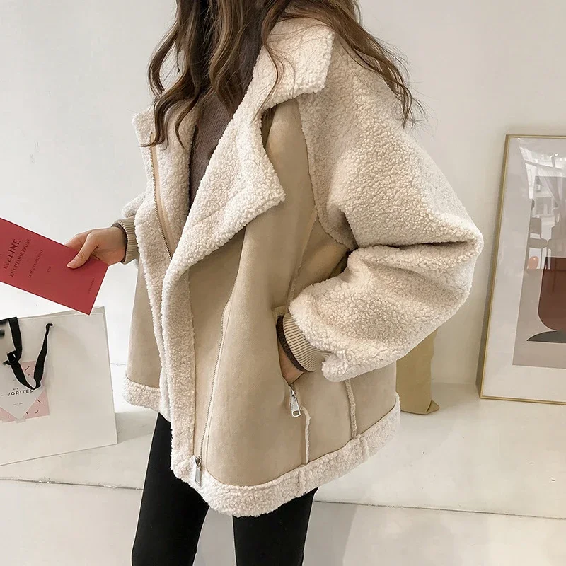 Women Winter Faux Fur Jackets Coat Thicken Warm Lambs Wool Teddy Fleece Coats Ladies Loose Outwear Tops Woman Motorcycle Jacket